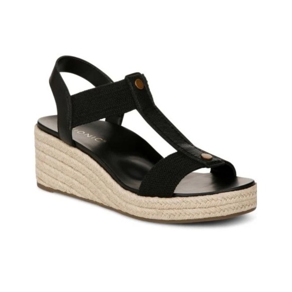 Vionic Shoes - Vionic Calera Wedge Espadrille Sandals Women 9.5 Black Excellent Leather T-Strap